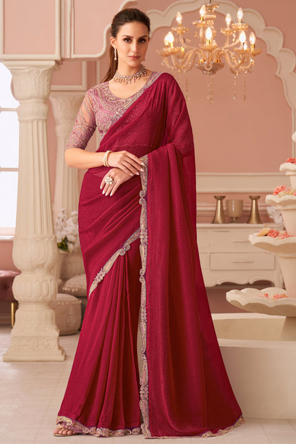 Red Solid Poly Georgette Saree with Poly Georgette Blouse