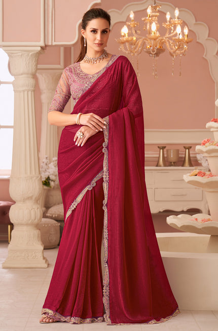 Red Solid Poly Georgette Saree with Poly Georgette Blouse