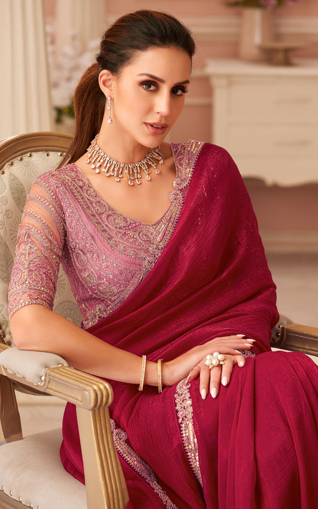 Red Solid Poly Georgette Saree with Poly Georgette Blouse