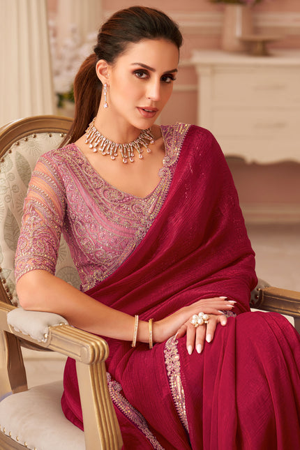 Red Solid Poly Georgette Saree with Poly Georgette Blouse