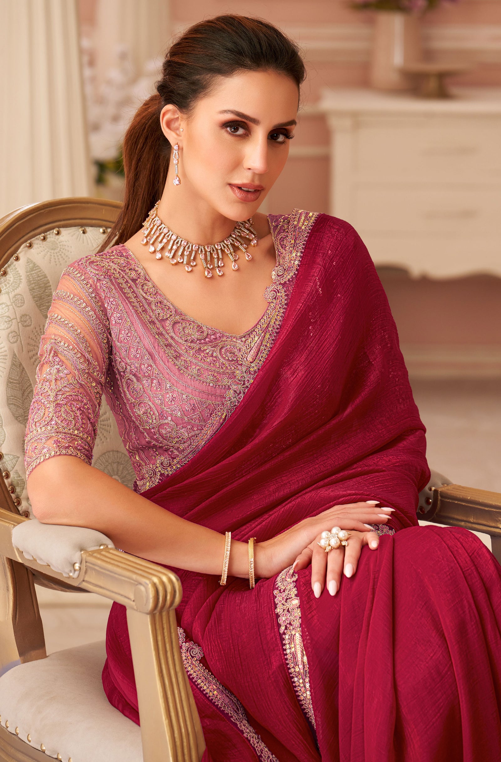 Red Solid Poly Georgette Saree with Poly Georgette Blouse