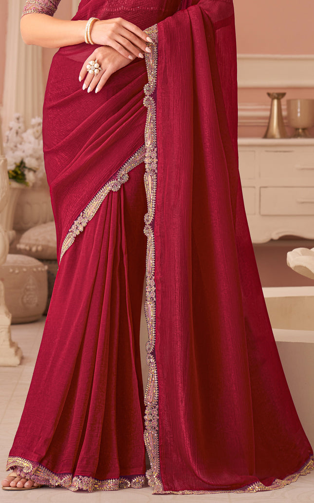 Red Solid Poly Georgette Saree with Poly Georgette Blouse