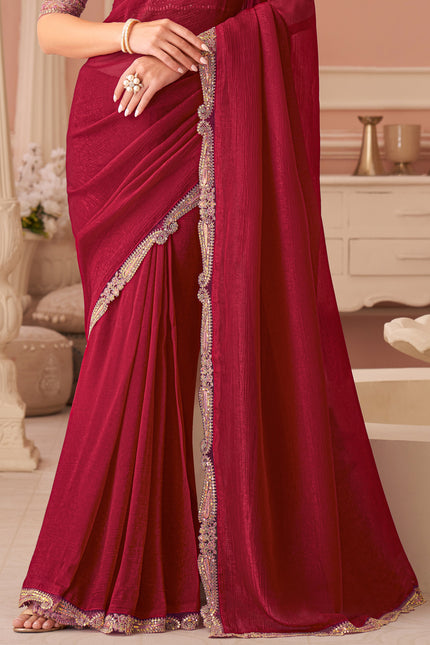 Red Solid Poly Georgette Saree with Poly Georgette Blouse