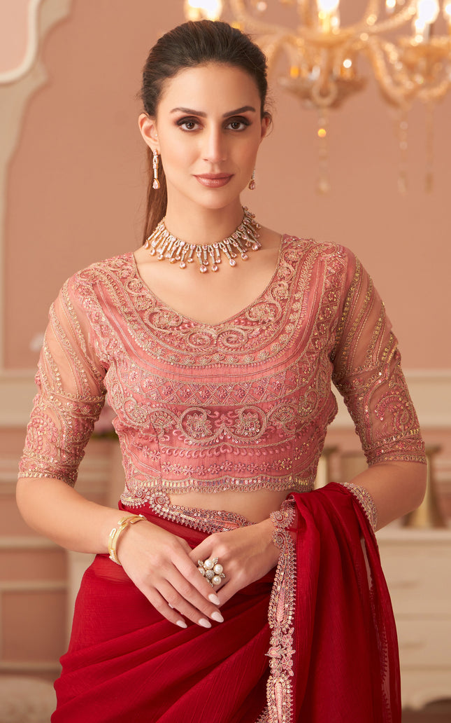 Red Solid Poly Georgette Saree with Poly Georgette Blouse