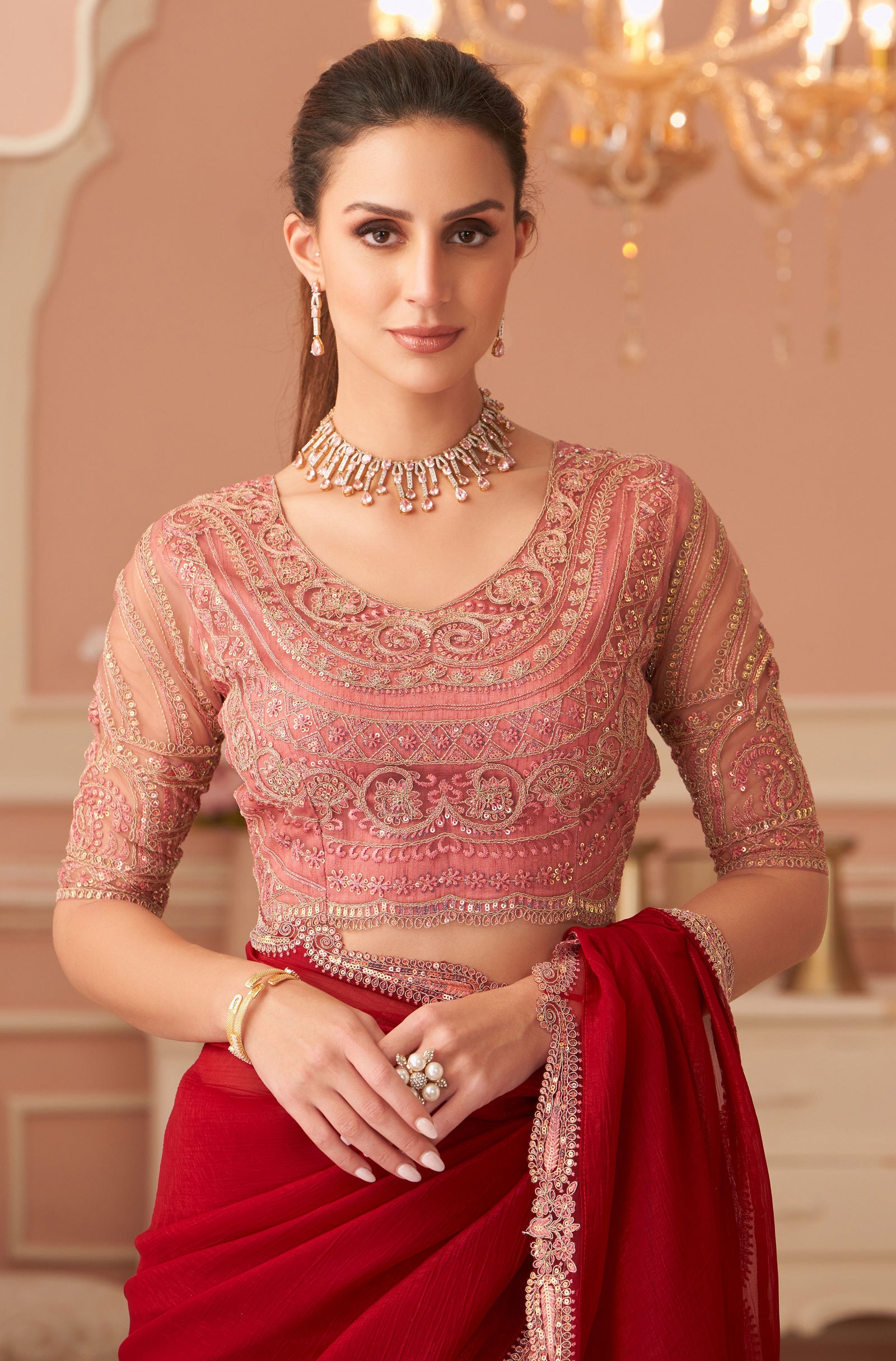 Red Solid Poly Georgette Saree with Poly Georgette Blouse