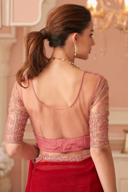 Red Solid Poly Georgette Saree with Poly Georgette Blouse