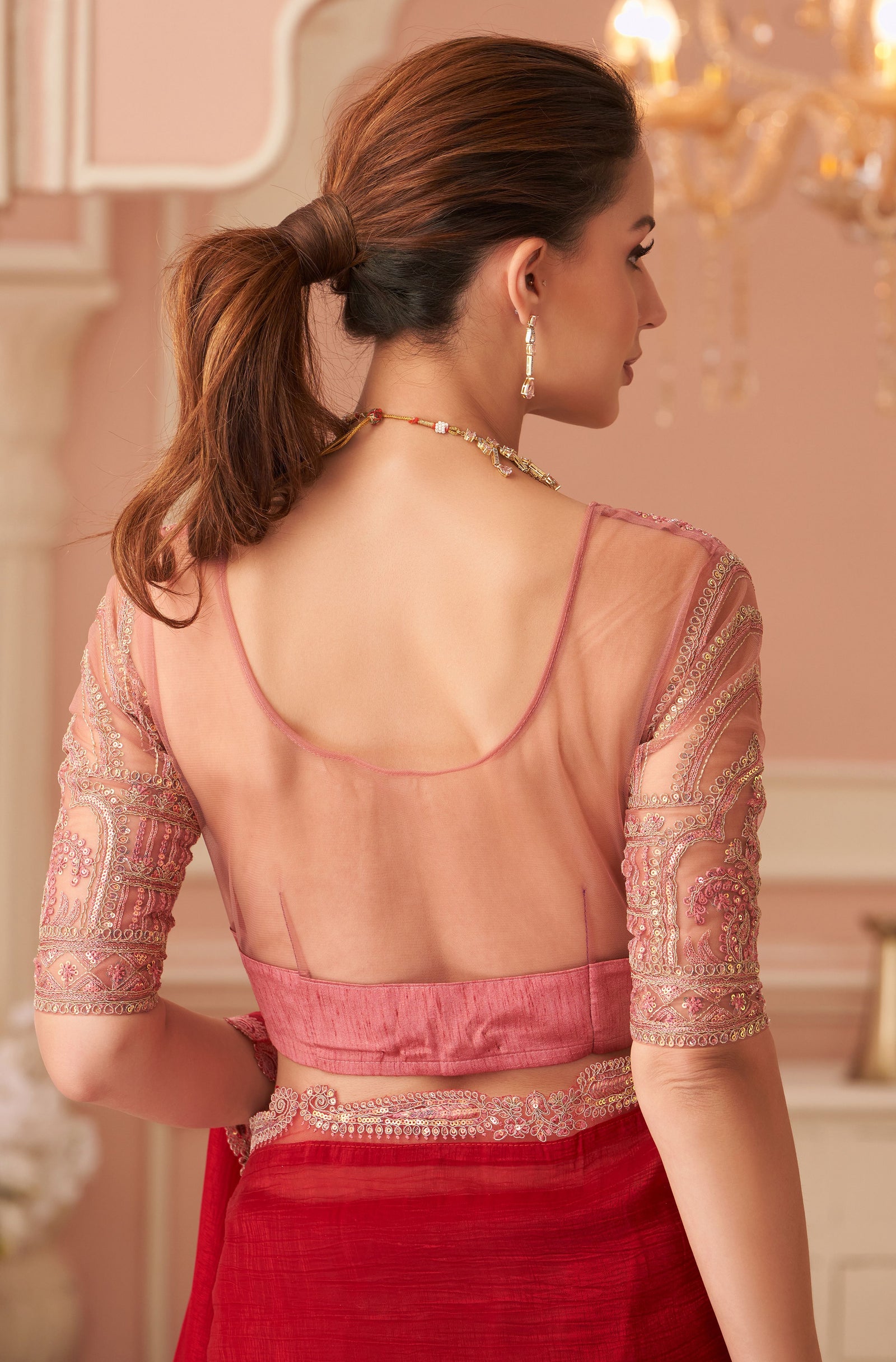 Red Solid Poly Georgette Saree with Poly Georgette Blouse