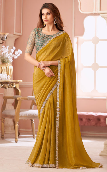 Yellow Solid Poly Georgette Saree with Poly Georgette Blouse