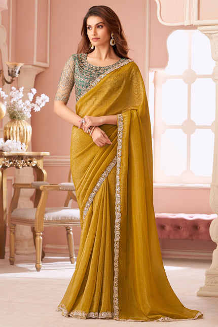 Yellow Solid Poly Georgette Saree with Poly Georgette Blouse