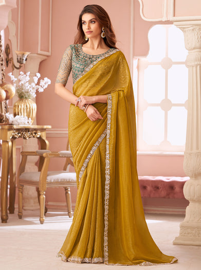 Yellow Solid Poly Georgette Saree with Poly Georgette Blouse