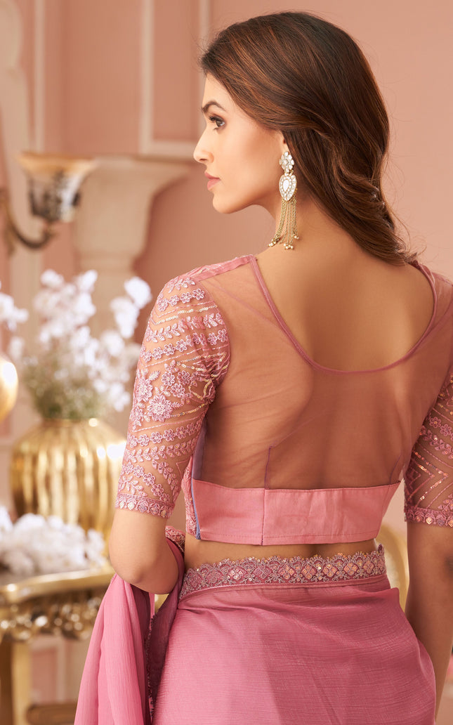 Pink Solid Poly Georgette Saree with Poly Georgette Blouse