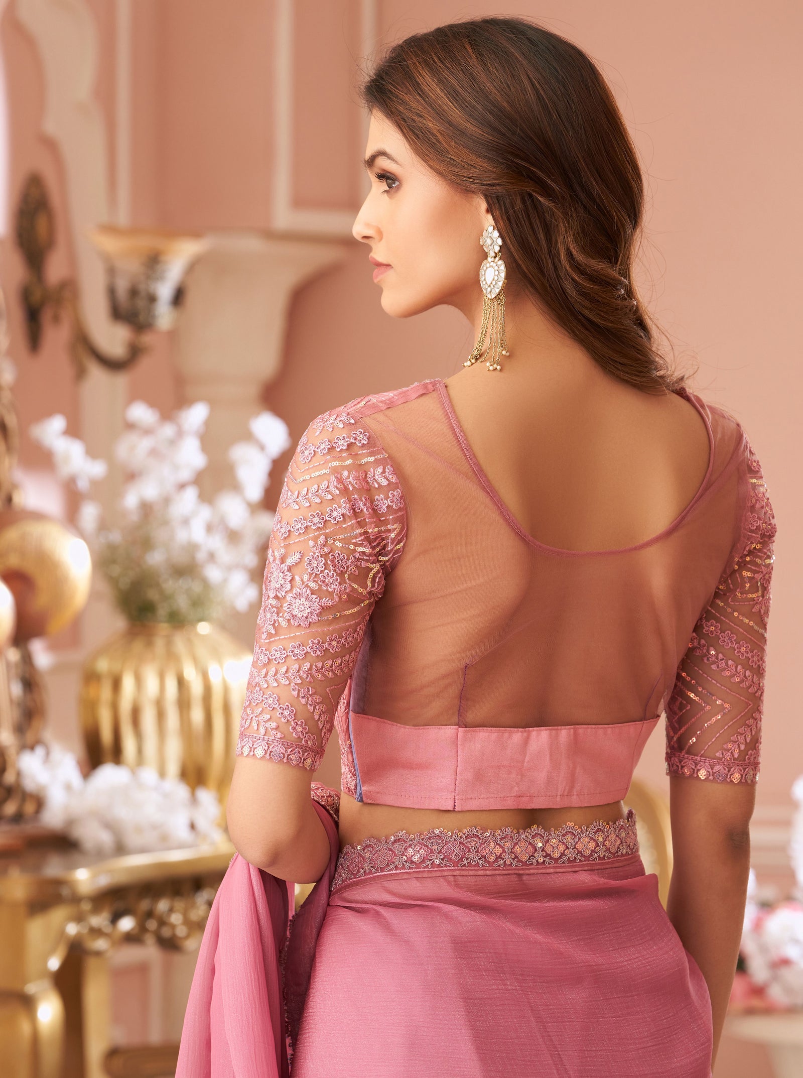 Pink Solid Poly Georgette Saree with Poly Georgette Blouse