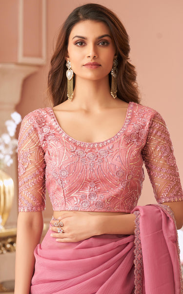Pink Solid Poly Georgette Saree with Poly Georgette Blouse