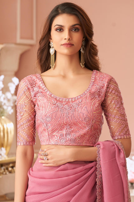 Pink Solid Poly Georgette Saree with Poly Georgette Blouse
