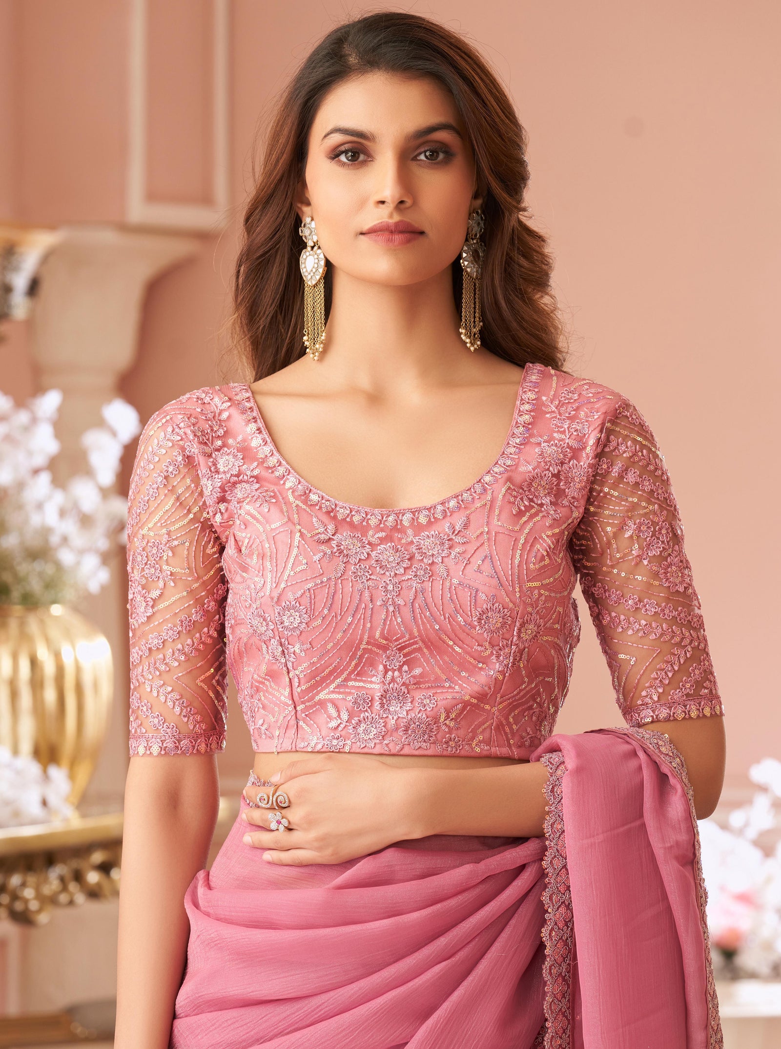 Pink Solid Poly Georgette Saree with Poly Georgette Blouse