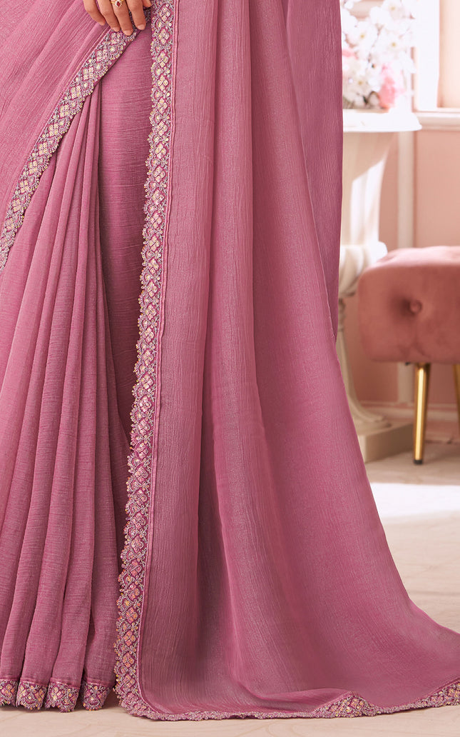 Pink Solid Poly Georgette Saree with Poly Georgette Blouse