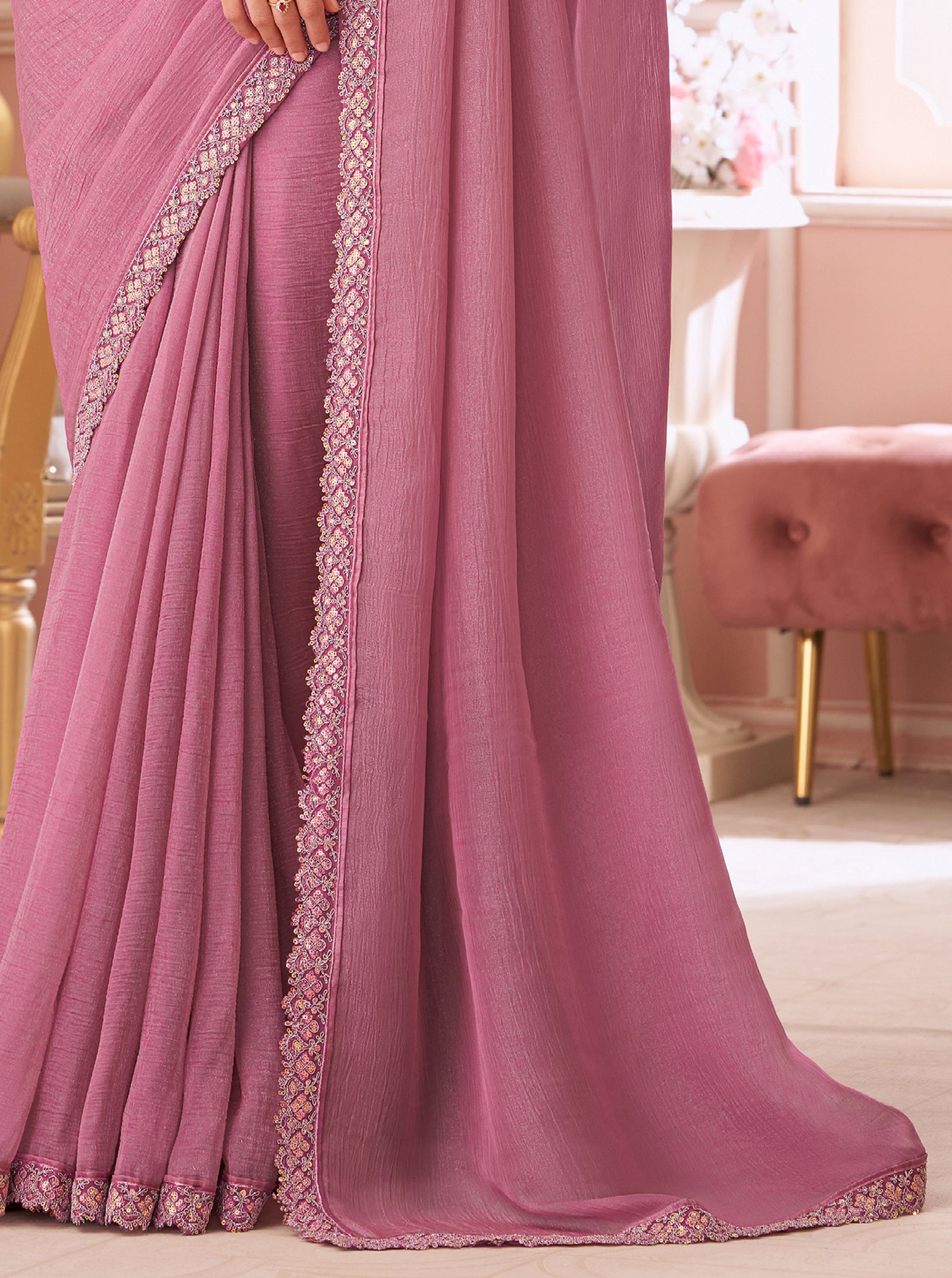 Pink Solid Poly Georgette Saree with Poly Georgette Blouse
