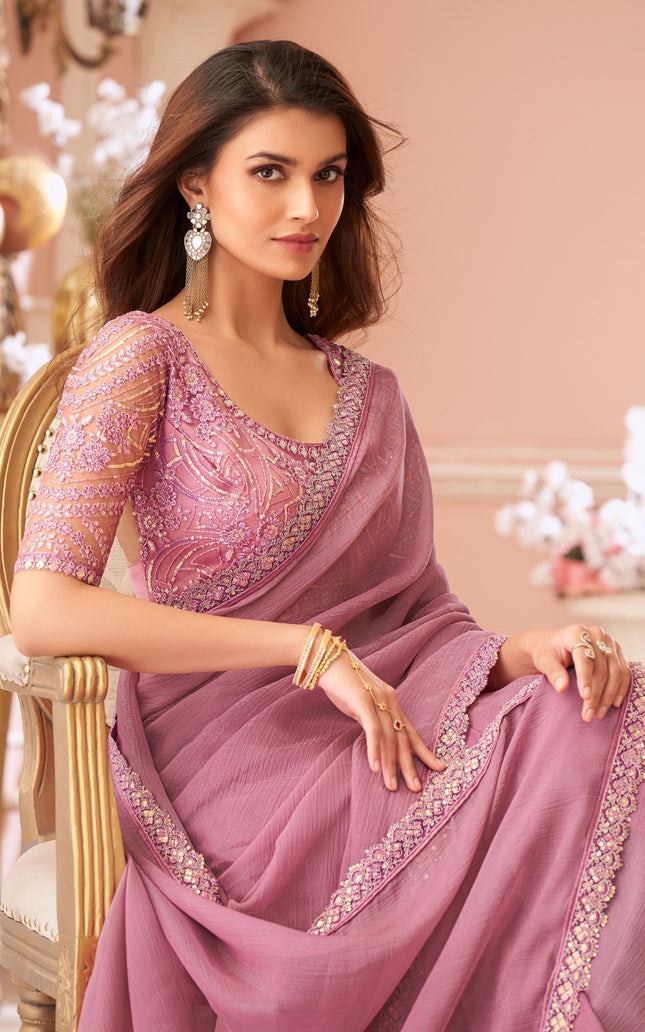 Pink Solid Poly Georgette Saree with Poly Georgette Blouse