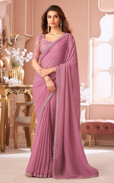 Pink Solid Poly Georgette Saree with Poly Georgette Blouse