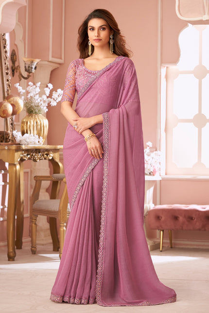 Pink Solid Poly Georgette Saree with Poly Georgette Blouse