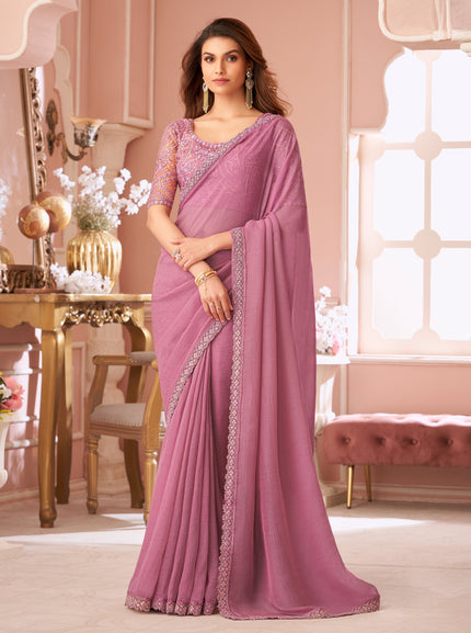 Pink Solid Poly Georgette Saree with Poly Georgette Blouse
