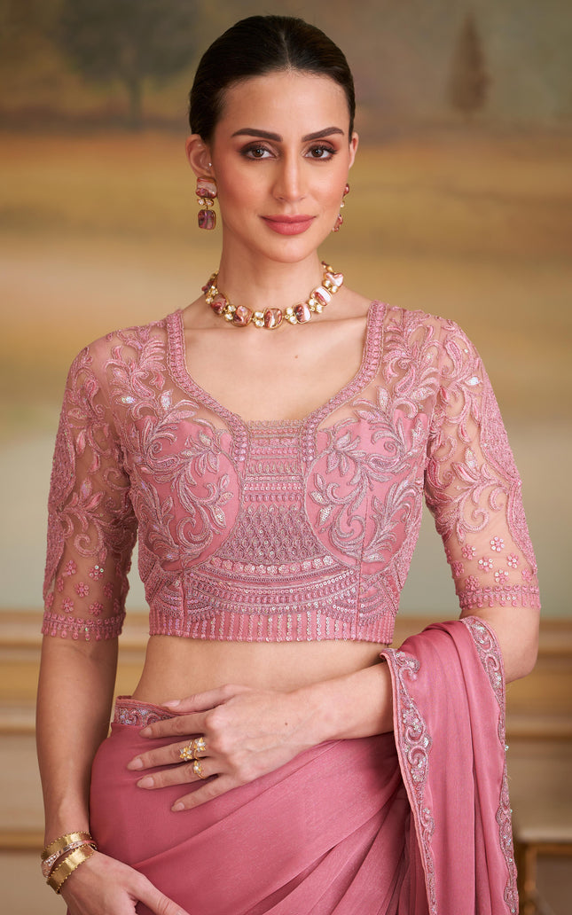 Peach Solid Poly Chiffon Shimmer Saree with Poly Chiffon Blouse