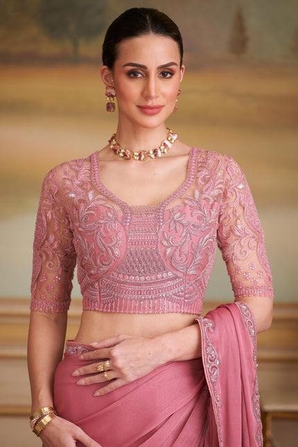 Peach Solid Poly Chiffon Shimmer Saree with Poly Chiffon Blouse