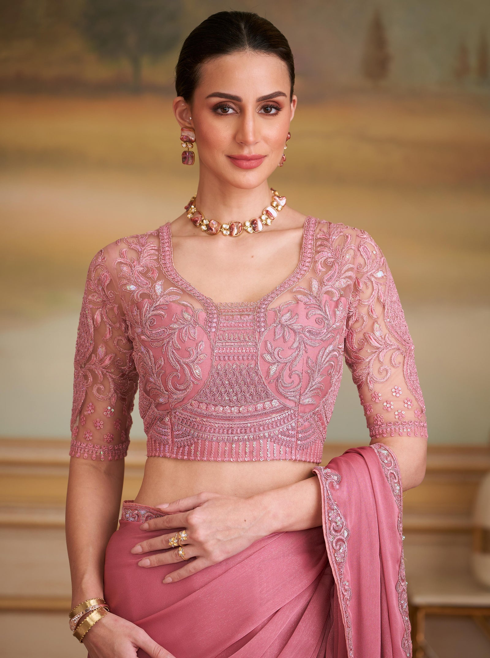 Peach Solid Poly Chiffon Shimmer Saree with Poly Chiffon Blouse