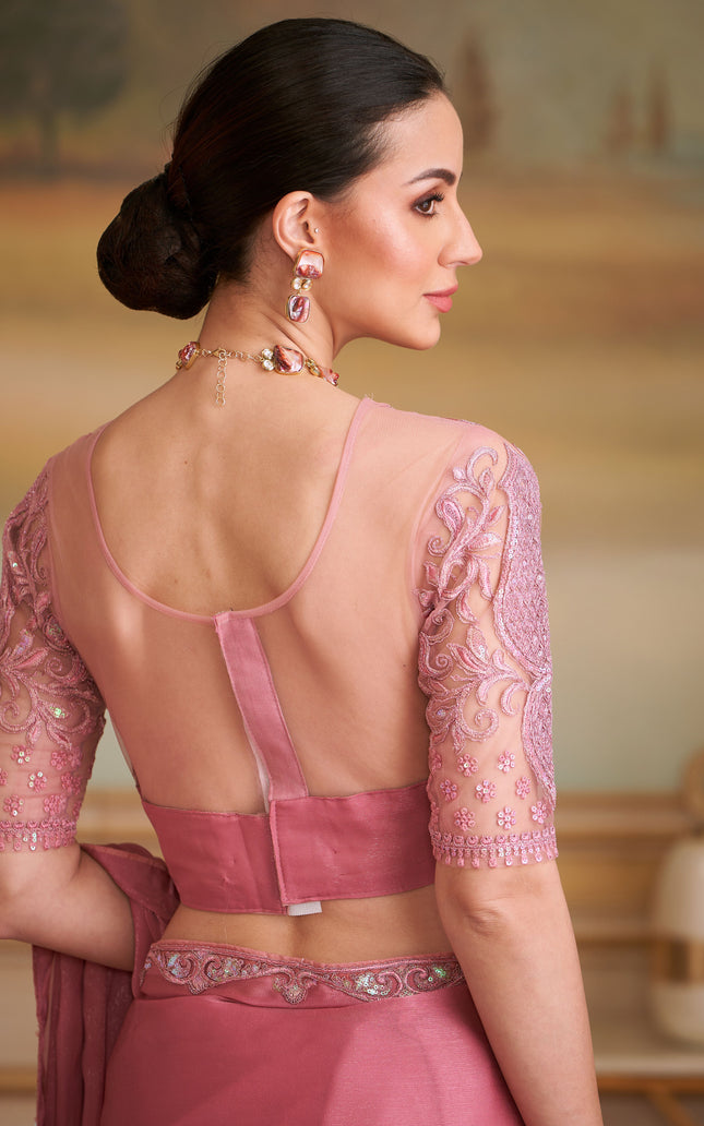 Peach Solid Poly Chiffon Shimmer Saree with Poly Chiffon Blouse