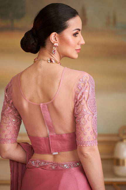 Peach Solid Poly Chiffon Shimmer Saree with Poly Chiffon Blouse