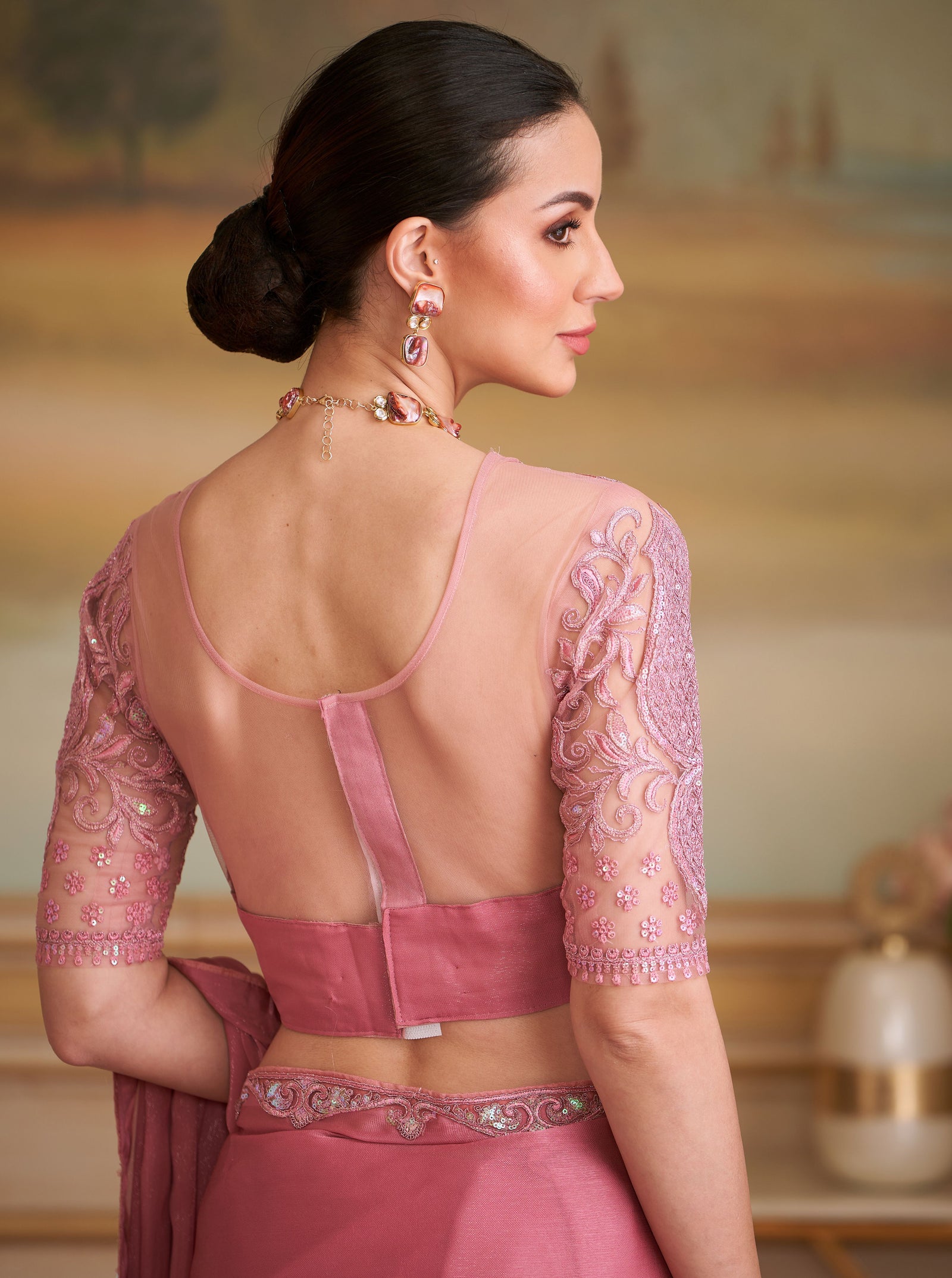 Peach Solid Poly Chiffon Shimmer Saree with Poly Chiffon Blouse