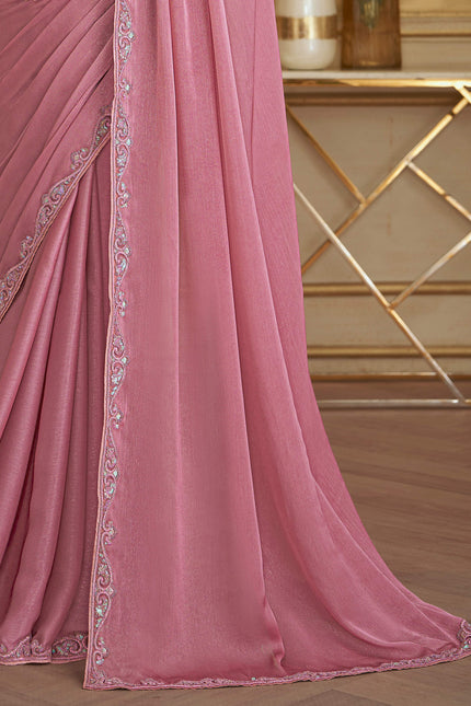 Peach Solid Poly Chiffon Shimmer Saree with Poly Chiffon Blouse