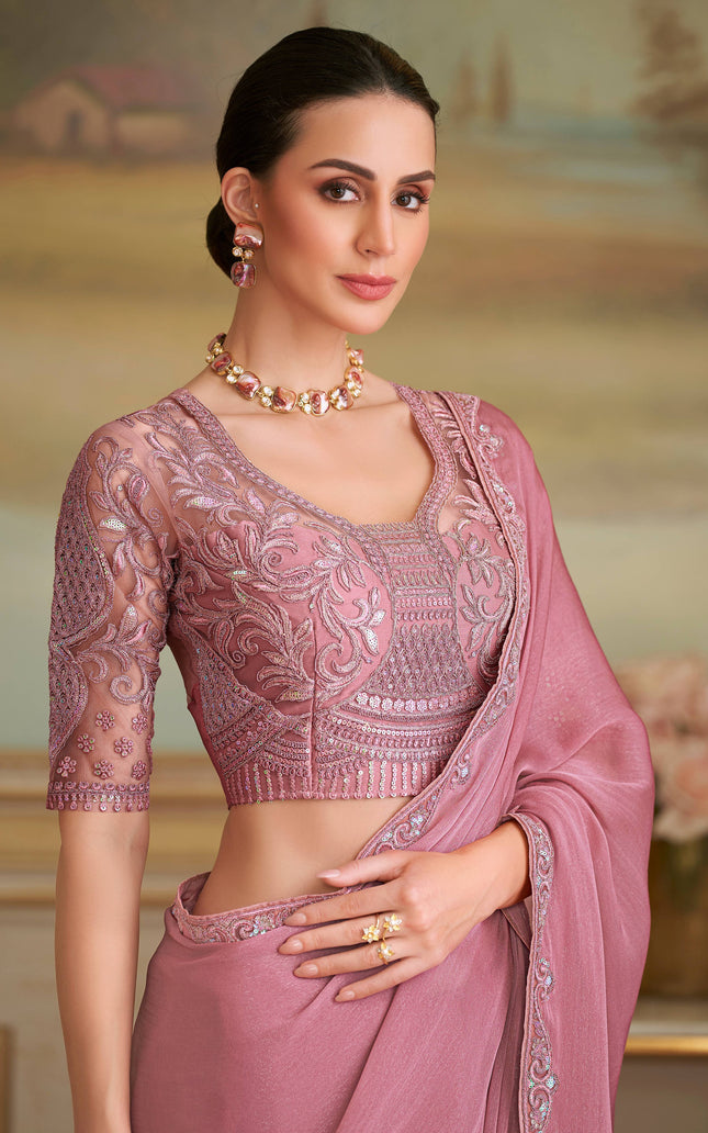 Peach Solid Poly Chiffon Shimmer Saree with Poly Chiffon Blouse