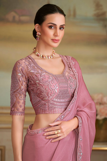 Peach Solid Poly Chiffon Shimmer Saree with Poly Chiffon Blouse