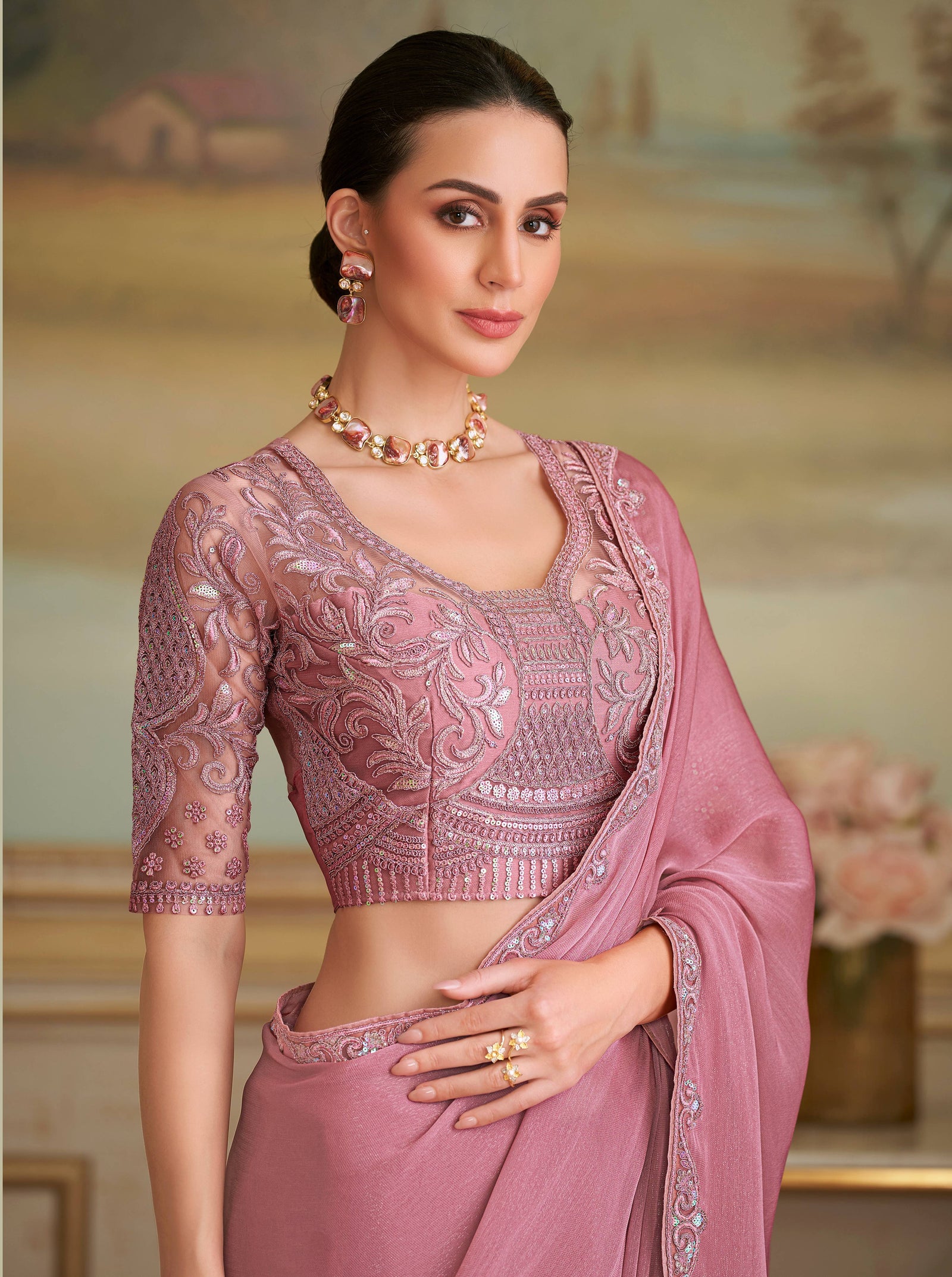 Peach Solid Poly Chiffon Shimmer Saree with Poly Chiffon Blouse