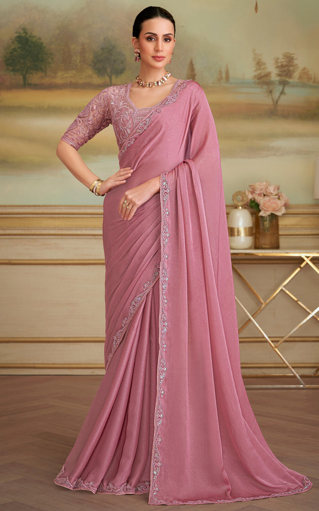 Peach Solid Poly Chiffon Shimmer Saree with Poly Chiffon Blouse