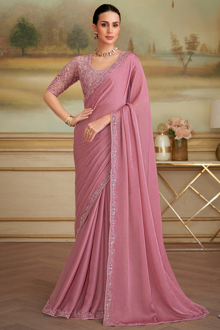 Peach Solid Poly Chiffon Shimmer Saree with Poly Chiffon Blouse
