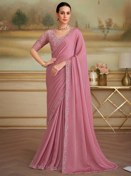 Peach Solid Poly Chiffon Shimmer Saree with Poly Chiffon Blouse