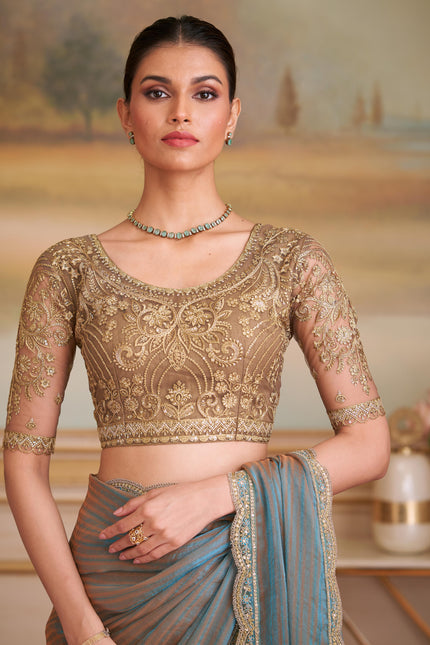 Sea Green Solid Poly Georgette Saree with Poly Silk Blouse