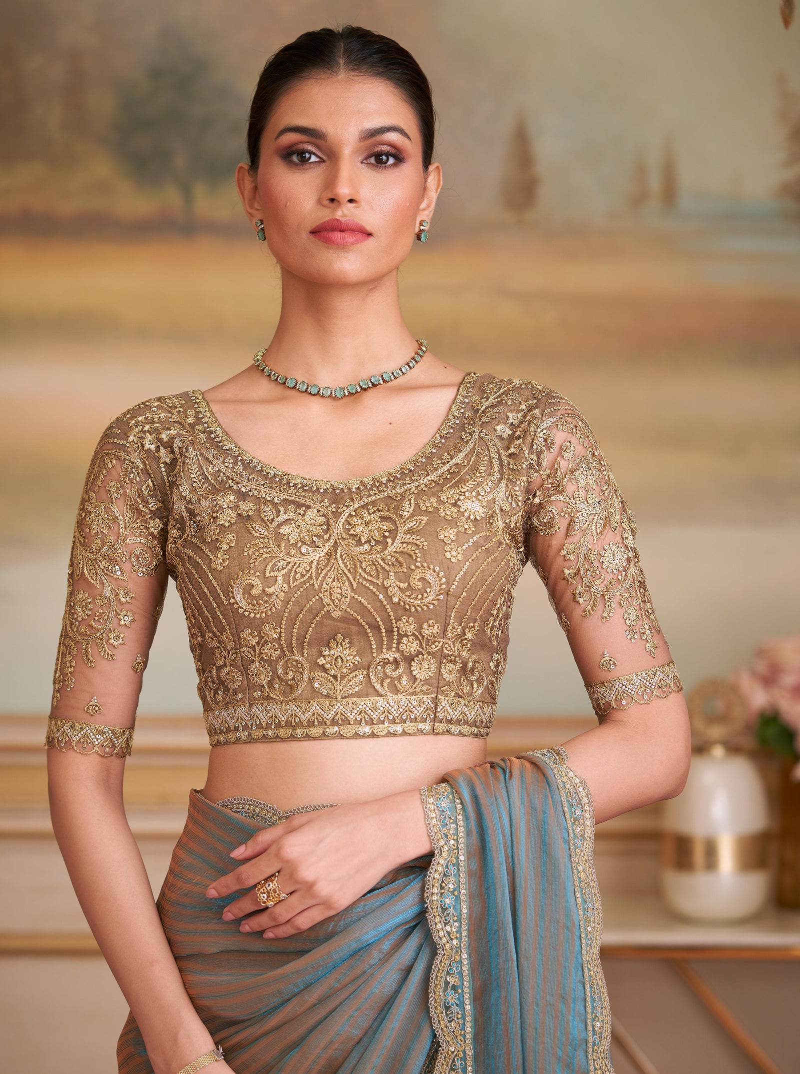 Sea Green Solid Poly Georgette Saree with Poly Silk Blouse