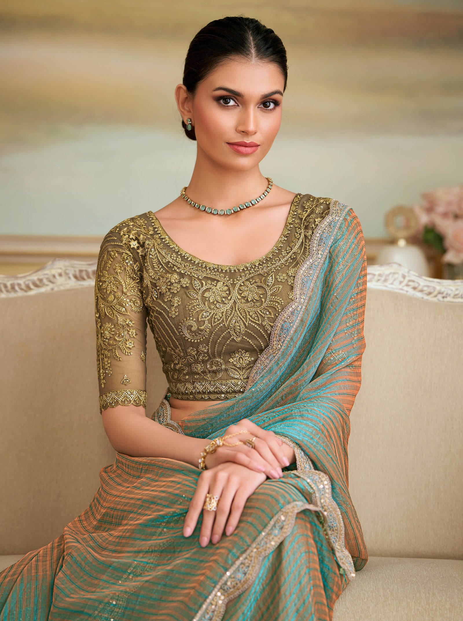 Sea Green Solid Poly Georgette Saree with Poly Silk Blouse