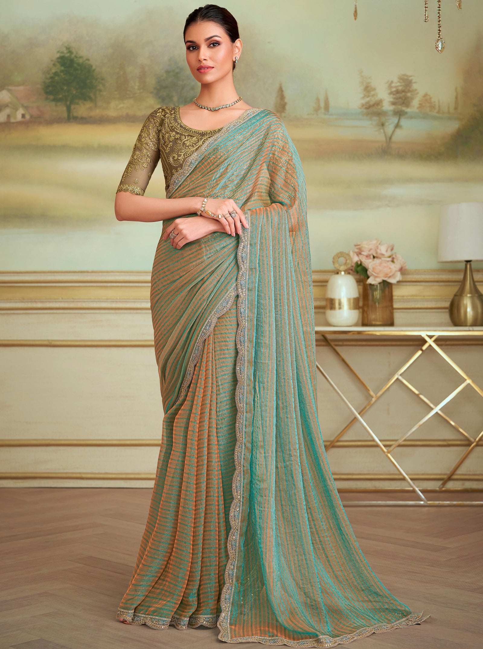 Sea Green Solid Poly Georgette Saree with Poly Silk Blouse