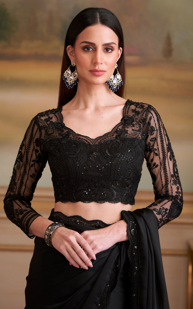 Black Solid Poly Chiffon Saree with Satin Blouse