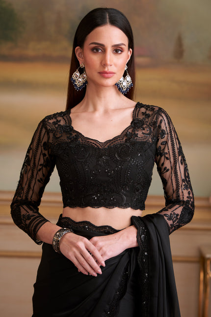 Black Solid Poly Chiffon Saree with Satin Blouse