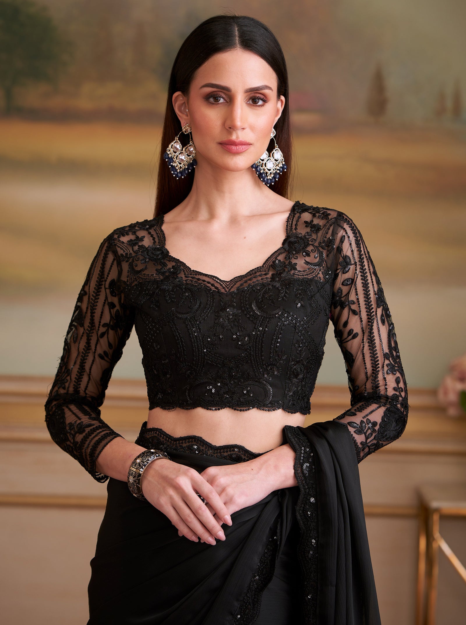 Black Solid Poly Chiffon Saree with Satin Blouse