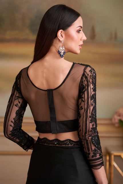 Black Solid Poly Chiffon Saree with Satin Blouse