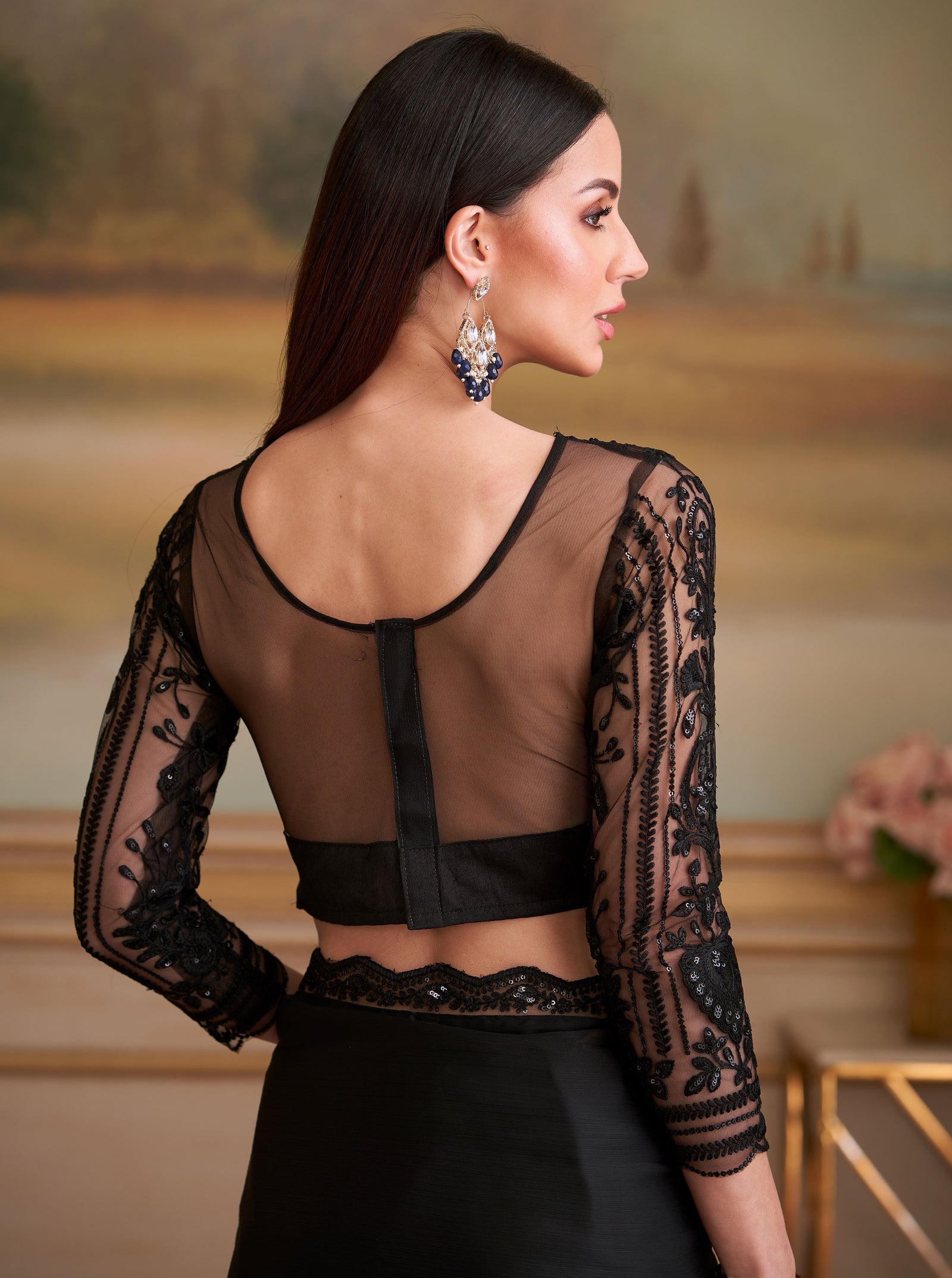 Black Solid Poly Chiffon Saree with Satin Blouse