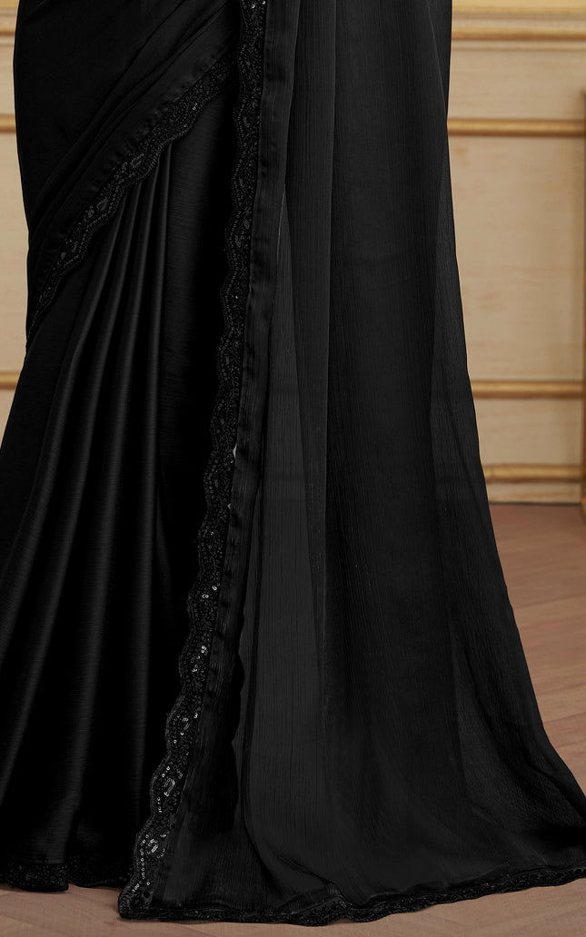 Black Solid Poly Chiffon Saree with Satin Blouse