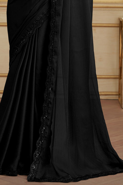 Black Solid Poly Chiffon Saree with Satin Blouse