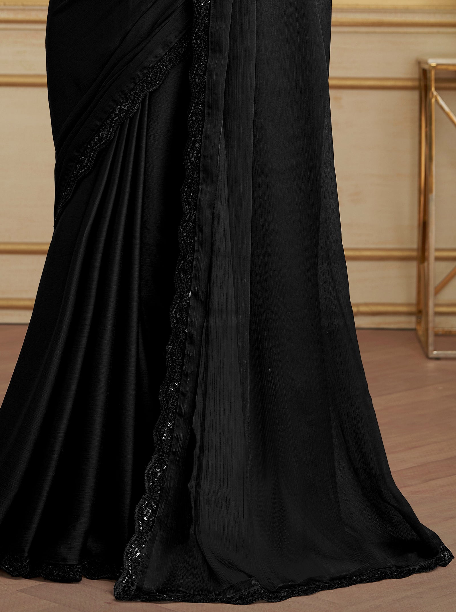 Black Solid Poly Chiffon Saree with Satin Blouse